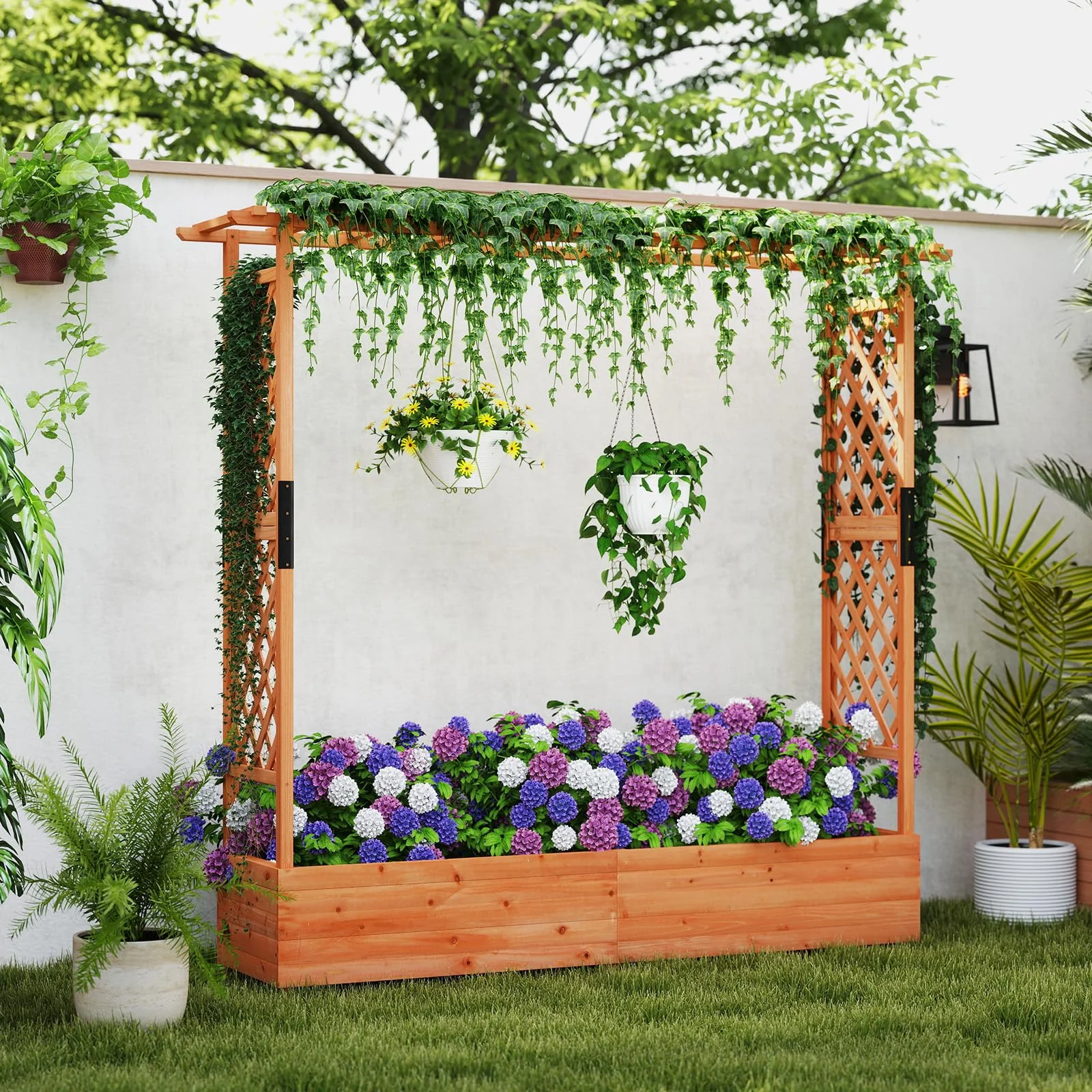 Freestanding Garden Planter Box Wood Raised Bed Trellis Hanging Roof Bottom Drainage Holes For Flower Fruit Herb Climbing Vines