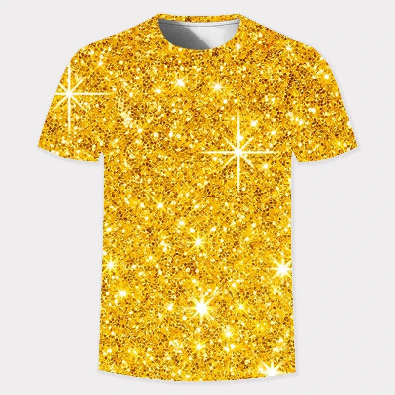 Men's T-shirt with 3D Gold Glitter Digital Print, Short Sleeve Round Neck Casual T-shirt with Personality, Comfortable Tops