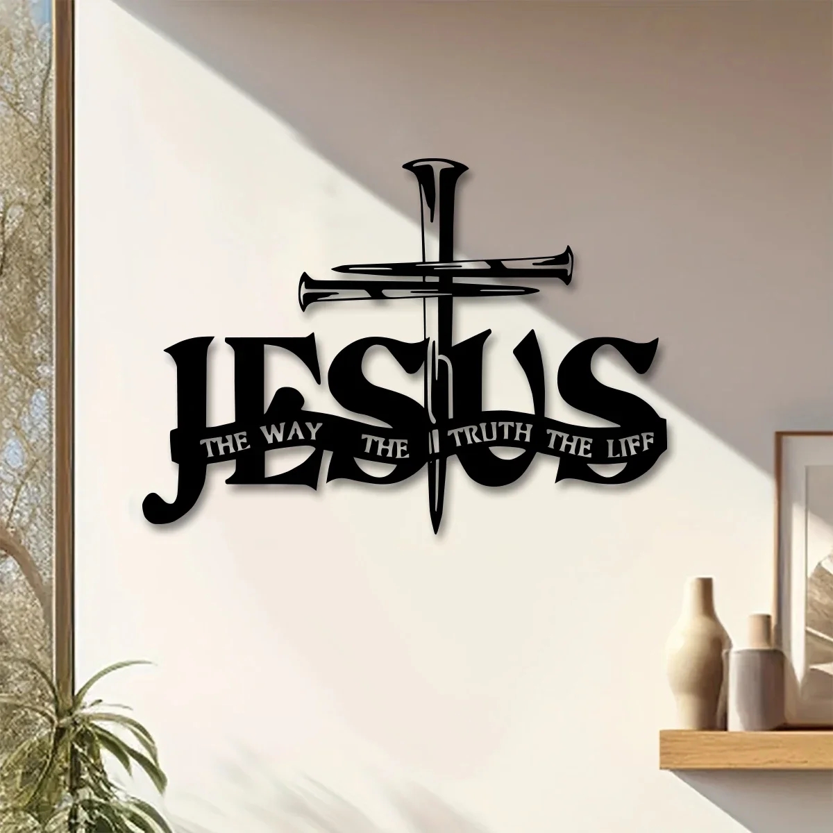 CIFBUY Jesus The Way The Truth The Life Metal Wall Art Nail Cross Religious Metal Wall Decor Faith Scripture Black Metal Sign