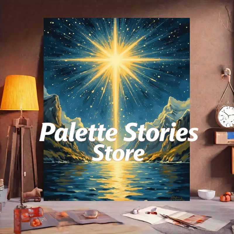 

Frameless 1pcs Paint by Number Kits, Magical Mountain Glow- Vivid Yellow Starburst Over Deep and Calm Waters, Paint by Numbers K