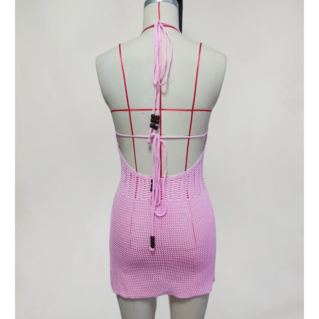 Schlankes, figurbetontes, gehäkeltes, gestricktes Strandkleid für Damen, Neckholder-Minikleid, Sommerkleid mit Ausschnitten, V-Ausschnitt, rückenfrei, sexy Partykleid V6210 – Detail 39