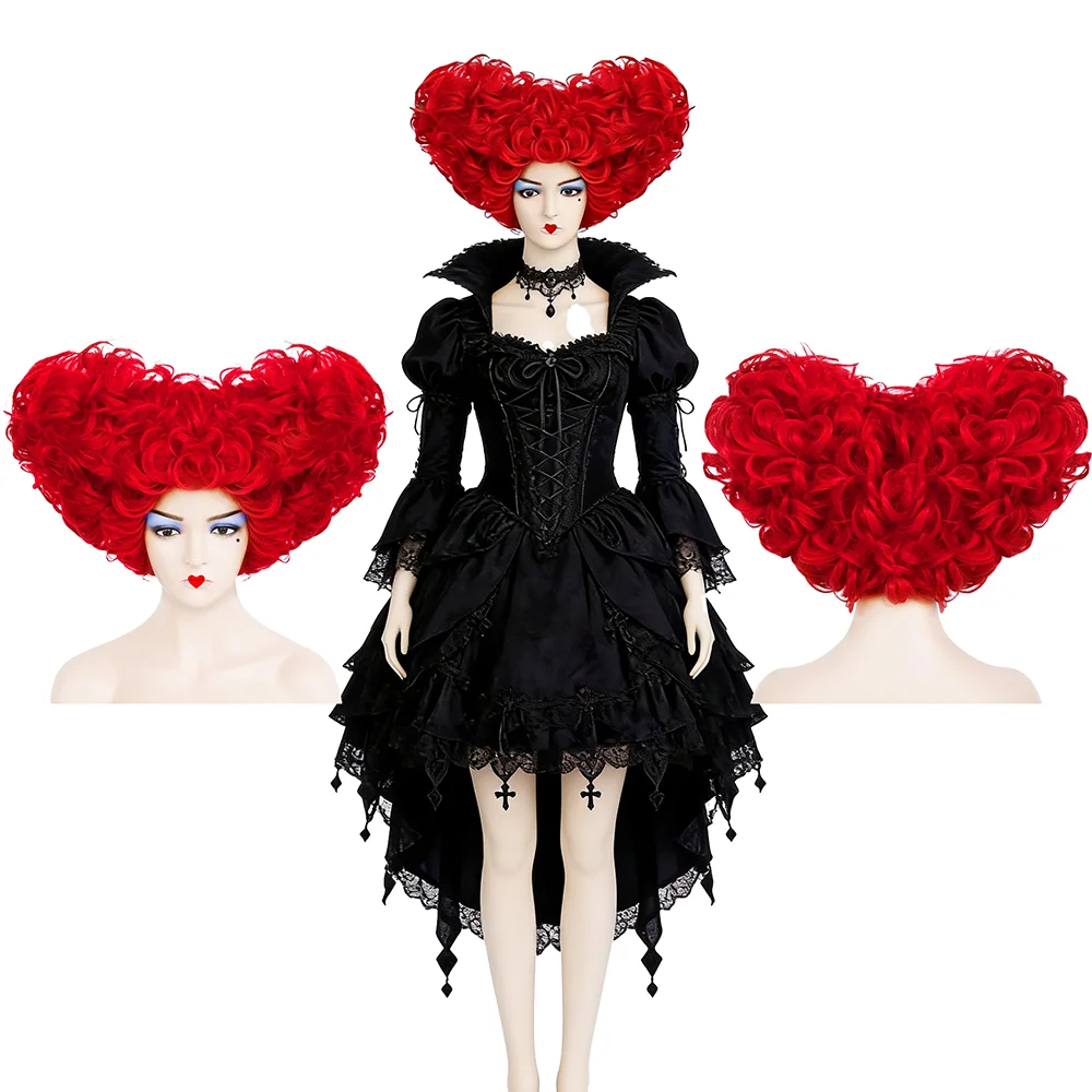 No-Tangle 3D Heart Shaped Red Queen Cosplay Wig Red Fluffy Short Curly Full Head Wig for Women Halloween Party Costume Event