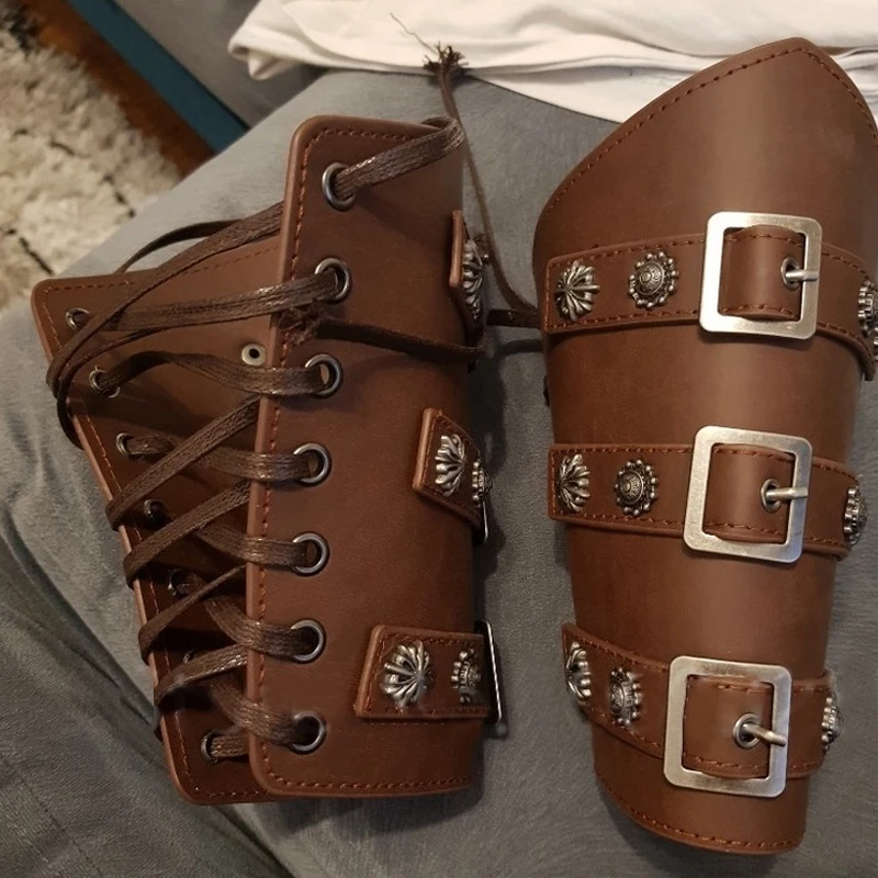 2Pcs Medieval Cosplay PU Leather Armor Arm Warmer Lace-Up Men Viking Pirate Knight Gauntlet Wristband Bracer Steampunk Accessory