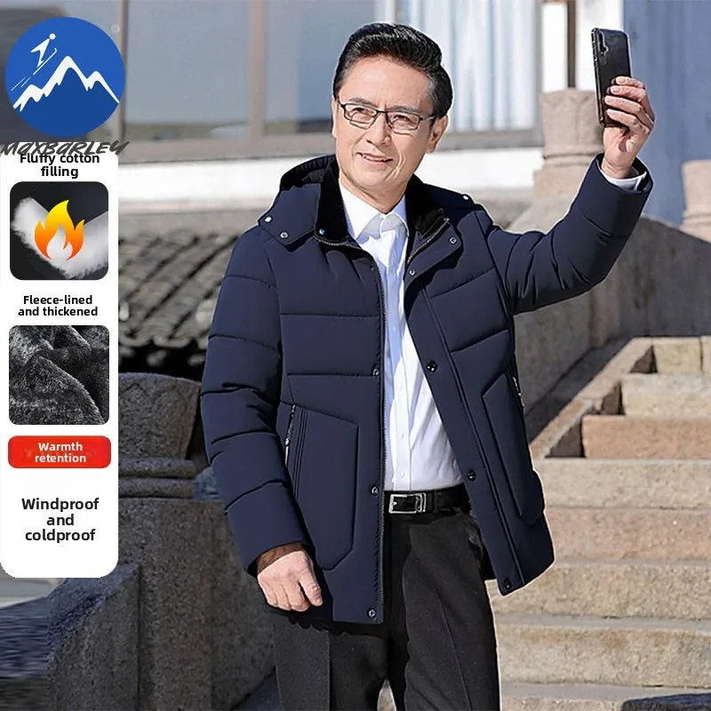 Winter Padded Jacket Men Thicken Commute Office Warm Quilted Jacket Detachable Hood Middle Aged Business Lightweight TrenchCoat