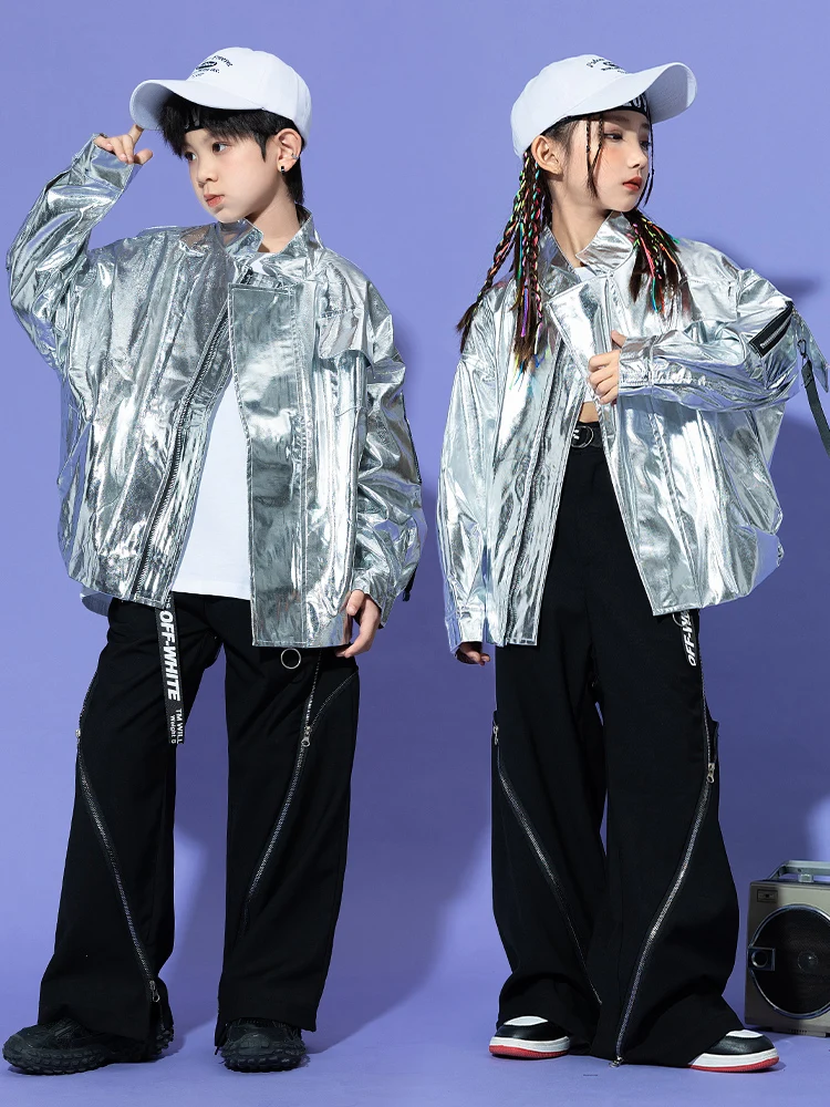 Kids Street Dance Boys Hip Hop Cool Shiny Leather Jacket Drum Set Girls Stage Walking Performance Costume girls clothes