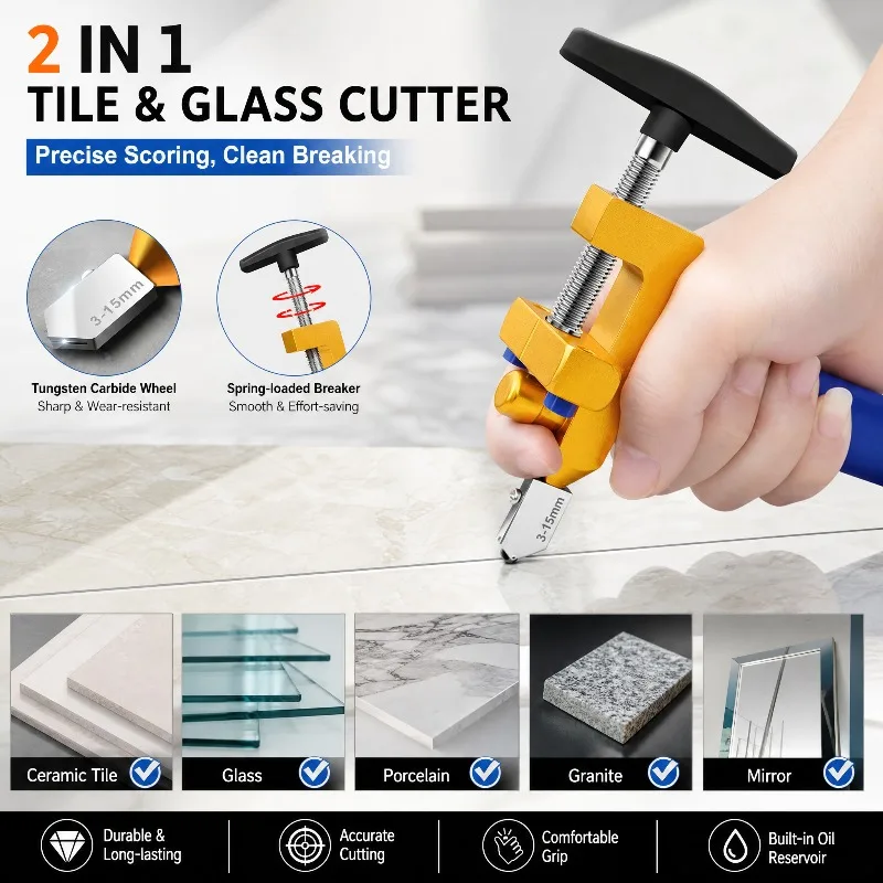 2 in 1 Glass Cutter Set Manual Tile Diamond Cutter Slicer Roller High-Strength Ceramic Cutting Tile Opener Construction Tools