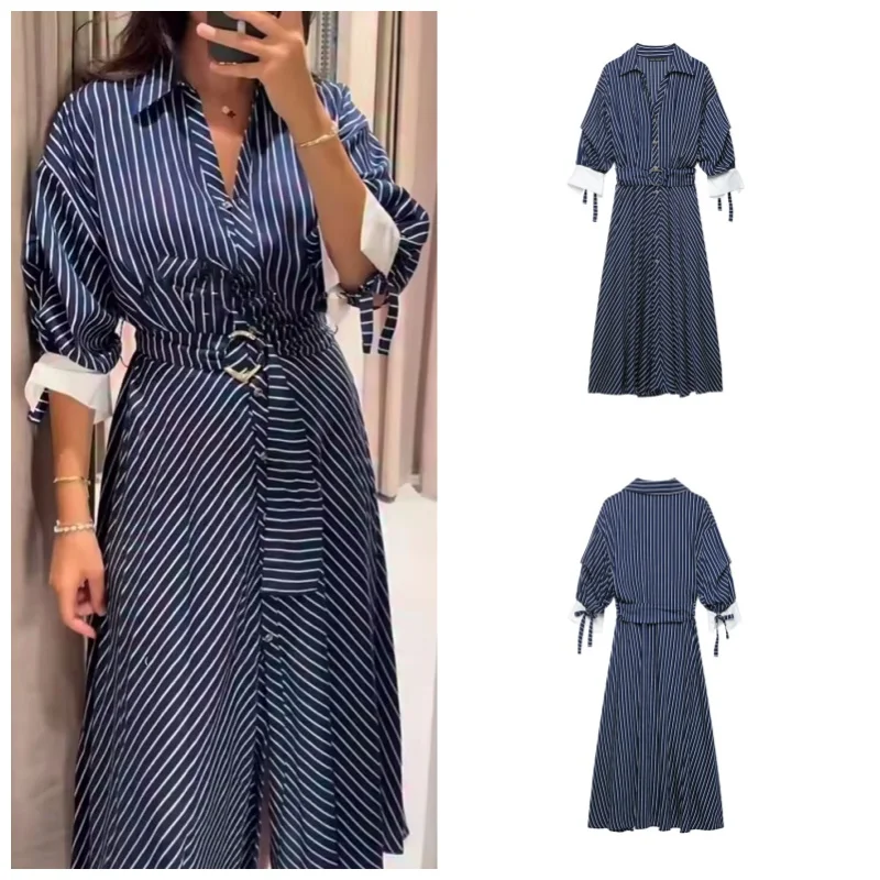 Guobioziy 2026 Women's New Midi Dress with Belt and Stripes Fashionable and Versatile Elegant and Graceful Casual and Simple