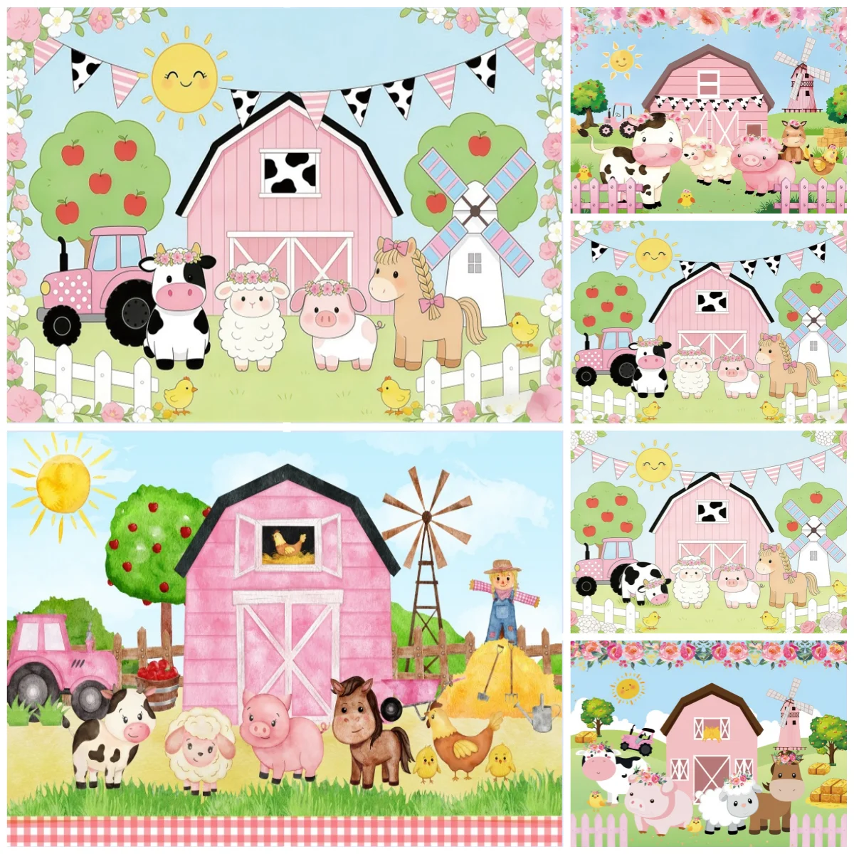 Pink Farm Animal Birthday Backdrop Cute Cow Sheep Pig Decor For Kids Birthday Party Photography Studio Background Decoration