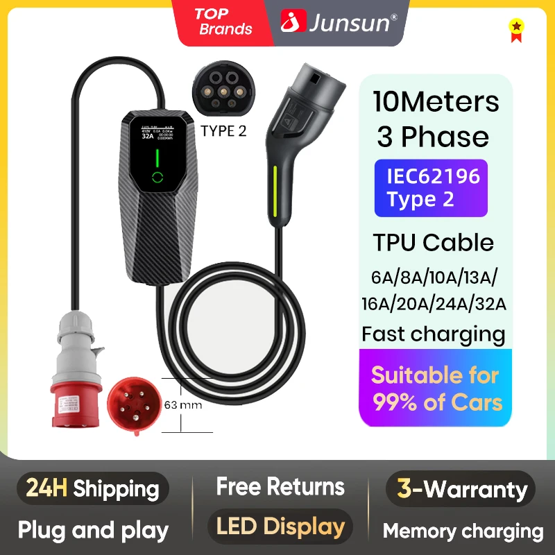 Junsun EV Charger Type 2 Electric Vehicle Wallbox 3.5KW 1phase 16A 4meters Schuko Portable Charger Box EVSE Controller Charging