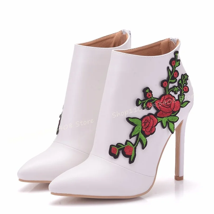 Embroider Flower Ankle Boots Pointed Toe Solid Thin High Heels Side Zipper Women Autumn Fashion Shoes 2023 Zapatos Para Mujere