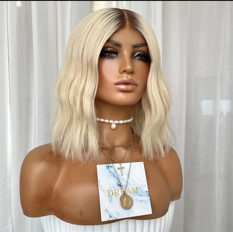 13x4 أومبير شقراء جليدية قصيرة موجة بوب HD شفافة الدانتيل الجبهة الباروكات شعر بشري أشقر بوب شعر مستعار مع جذور داكنة 180% الكثافة 14'' #5