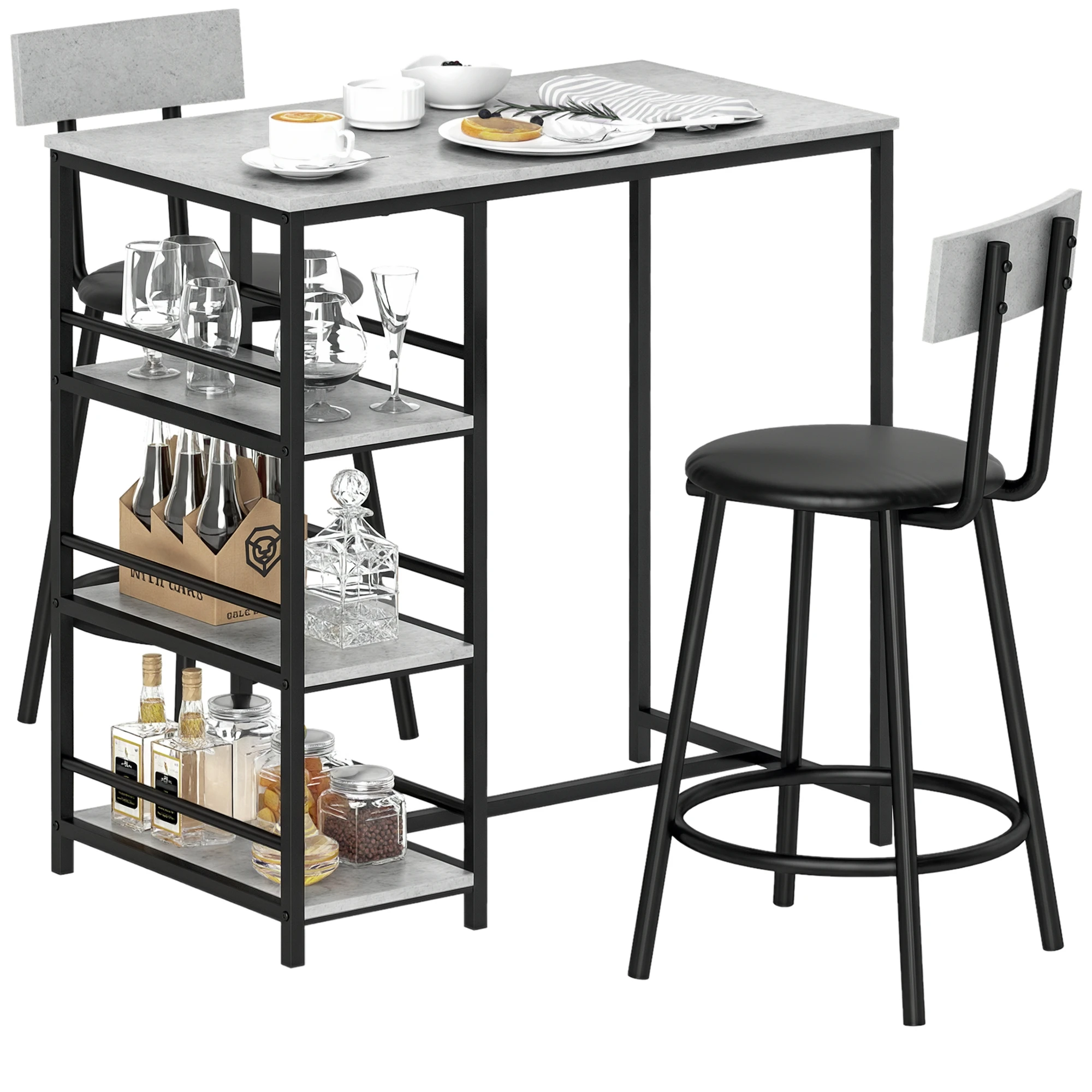 HOMCOM Mesa de café con taburetes, mesa de comedor con 2 sillas de café, con estantes, para comedor, cu
