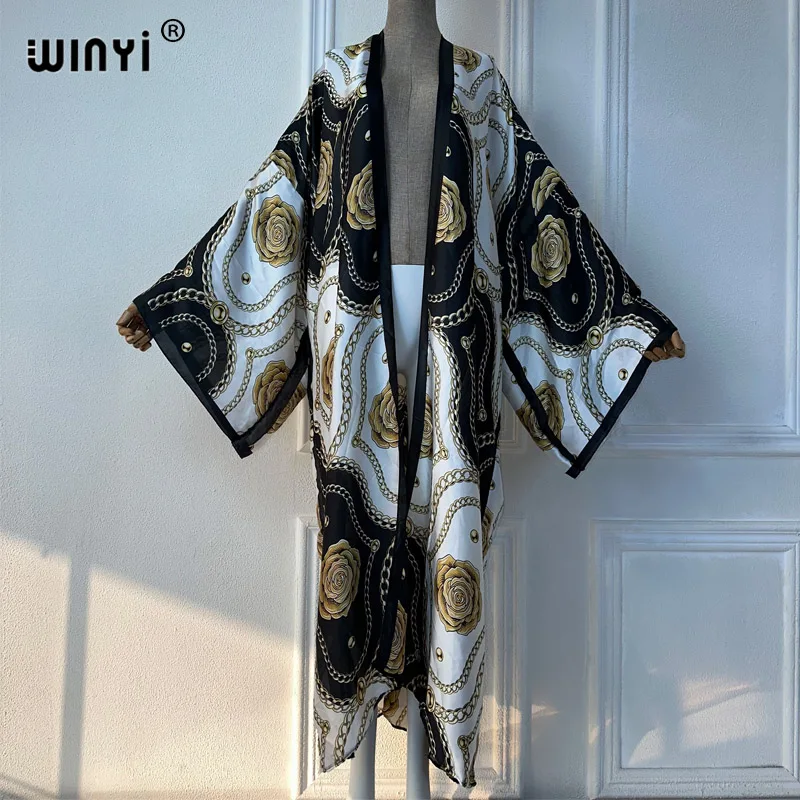 Winyi Zomer Outfit Kimono Afrika Bloemenprint Strand Cover Up Maxi Jurk Vesten Strandkleding Vrouwen 2024 Abaya Dubai Luxe