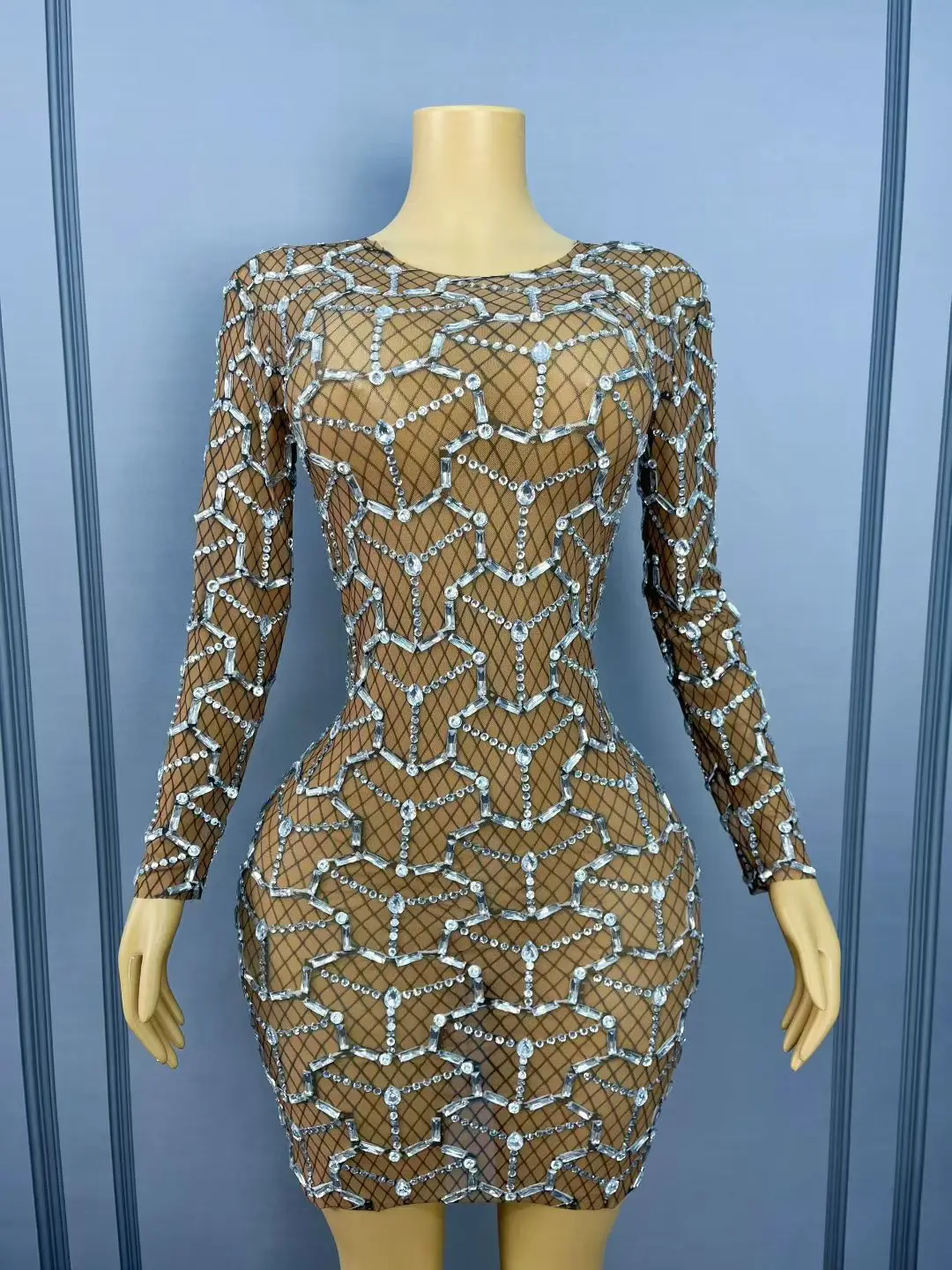 Heiwangzhu Neues Langarm-Abendkleid, glänzendes Silber, Diamantgitter, Ballkleider, Hochzeit, Bankett, Geburtstag, Cocktailparty-Kleid