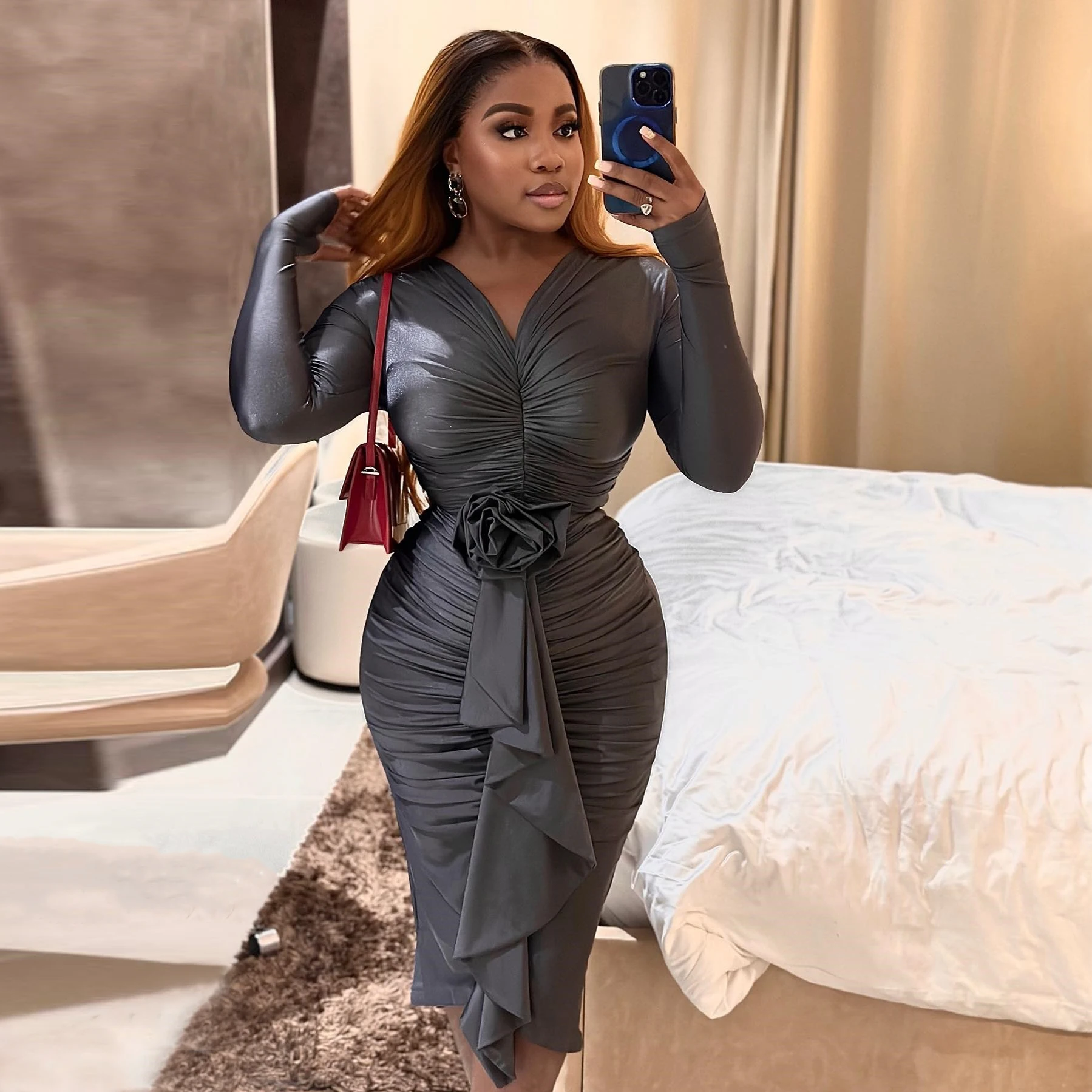 

Elegant Gray Stretch Taffeta Midi Prom Dresses Sexy Sheath Pleated Tea Length Formal Occasion Dress Black Girls Evening Gowns