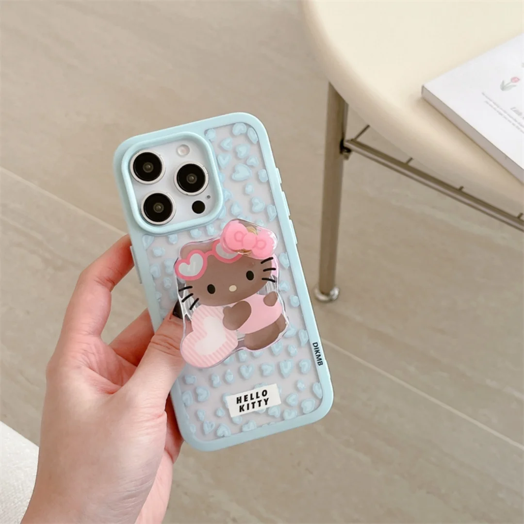 

Blue Leopard print kitten Hello Kitty wireless charging Magsafe phone case for IPhone 13 15 14 16 Pro Max KT magnetic stand case