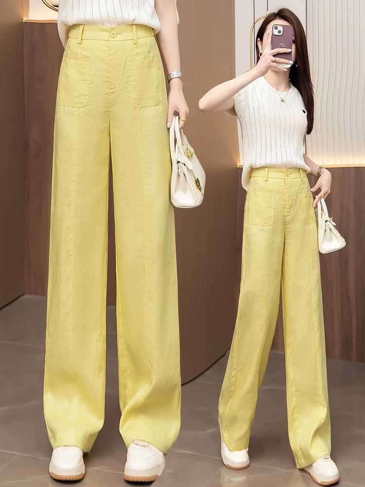 

Летние тонкие брюки с высокой талией из драпированного ледяного шелка, широкие, прямого кроя, женские, узкая версия, повседневные, льняные