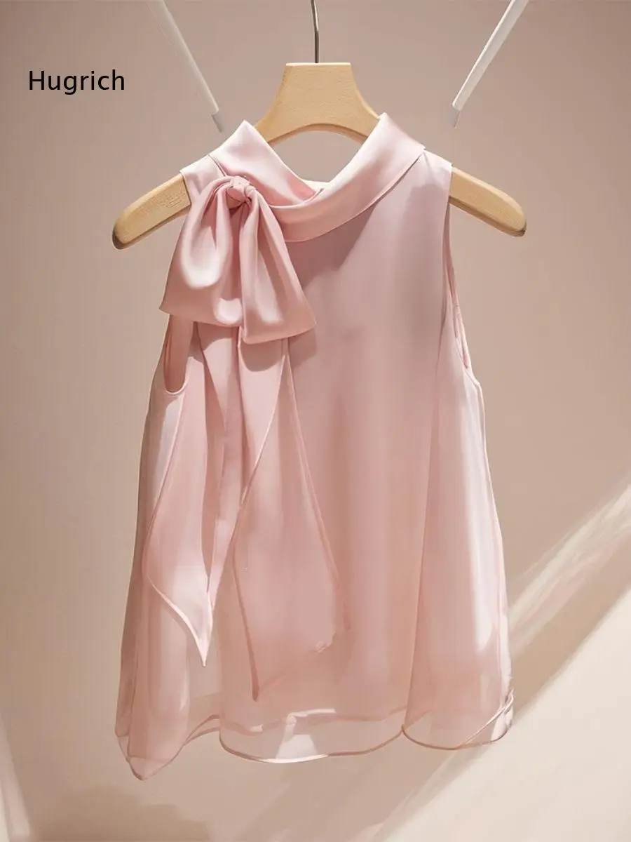 Delicate Bow Knot Halter Neck Blouse Women Satin Sleeveless Loose Fit Top Lightweight Shirt for Creating Elegant Daily Styles