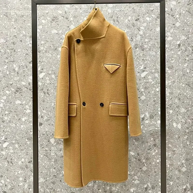 

Double-sided cashmere coat, women's long silhouette, double-breasted horn buckle, high-end jacket, streamlined double-sided