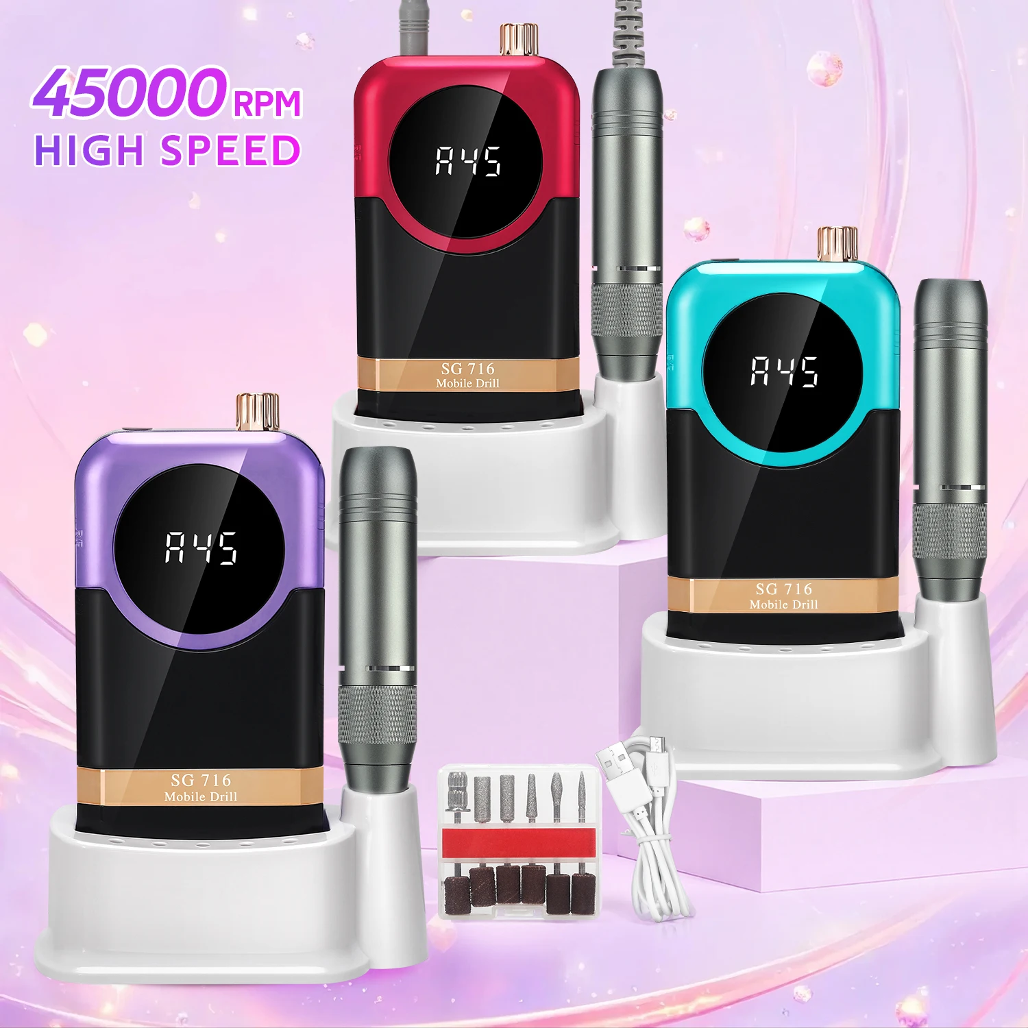 Profissional máquina de broca do prego kit recarregável 45000rpm lixadeira elétrica arquivo com display lcd unhas para casa salão diy