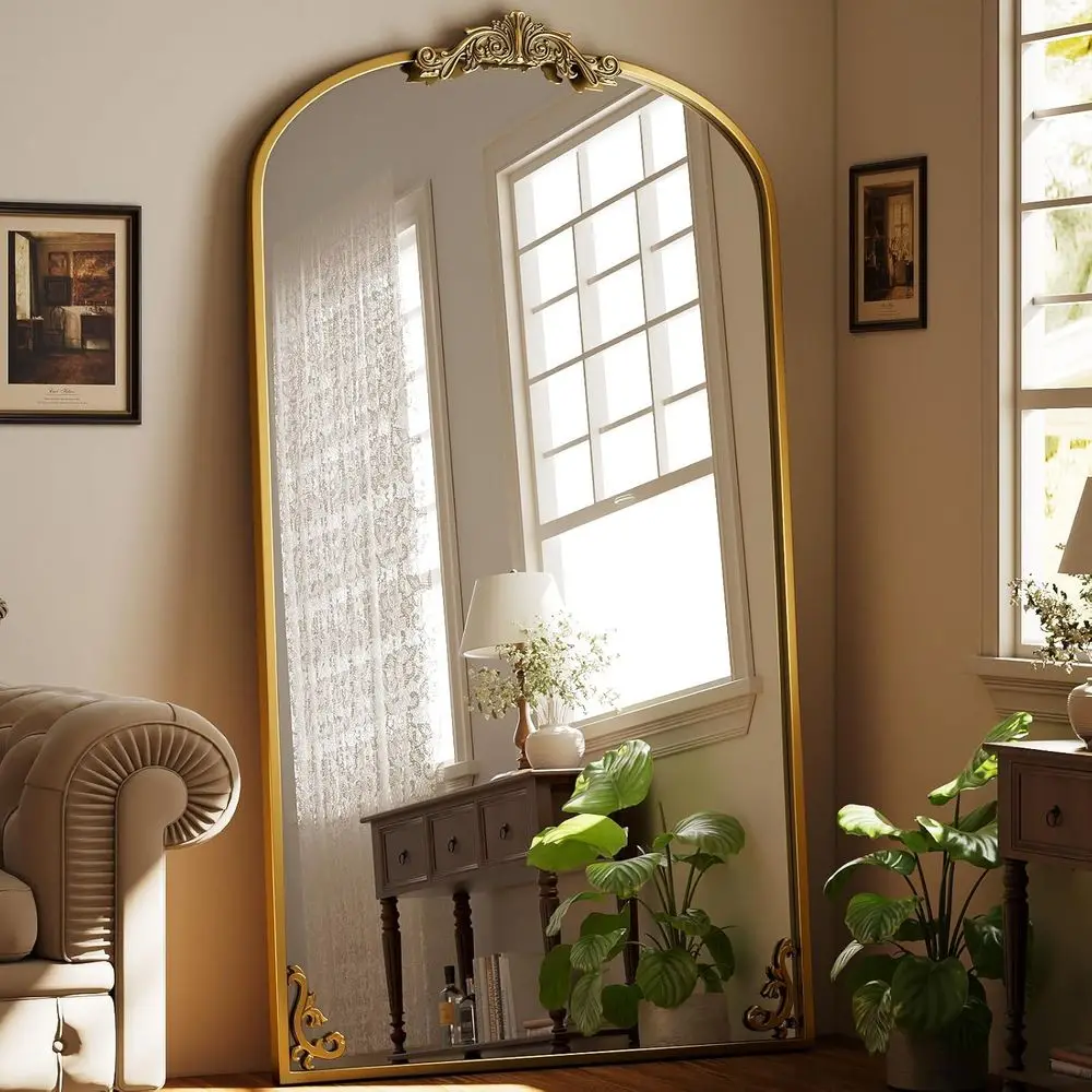 

Арочное зеркало в полный рост, 44x72 дюйма, большое зеркало для всего тела с винтажной резной металлической рамой для дома или декора, большое напольное или настенное зеркало