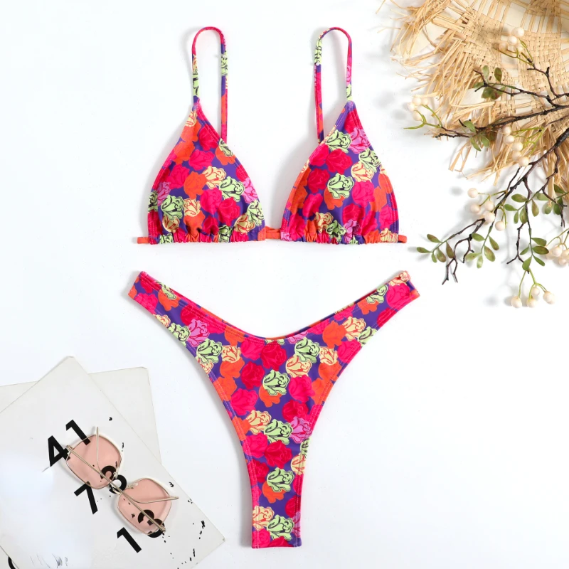 Micro biquíni sexy estampado feminino, push up, roupa de banho sem costas, corda de cintura V, maiô tanga, biquíni triangular, moda praia, verão, 2022