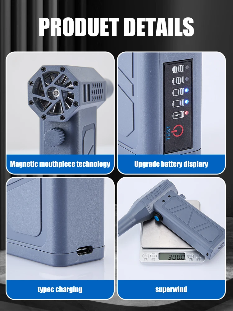 140000RPM Mini Turbo Jet Fan Brushless Motor Handheld Duct Fan 52M/S Portable Turbo Fan Type-C Charging with Power Display Compu