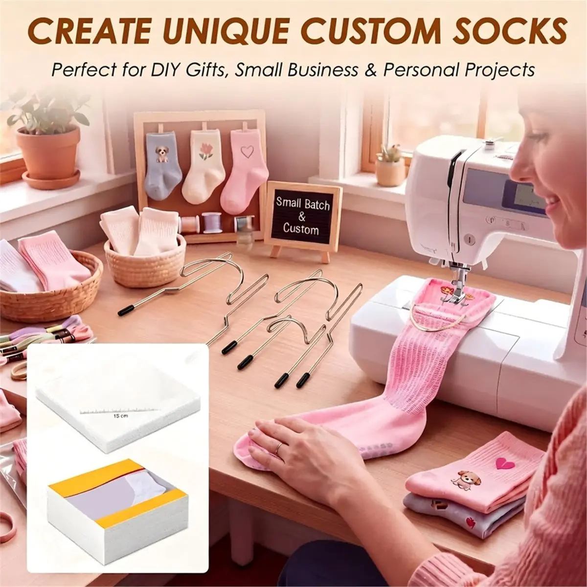 3 Sock Hoop for Embroidery with Water-Soluble Stabilizing Fabric+3D Embroidery Foam Heavy-Duty Metal Sock Hoop
