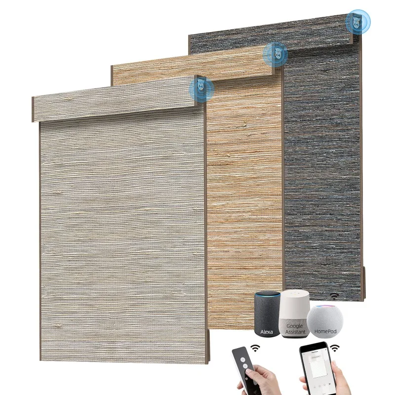 Smart Natural Electric Linen Jute Woven Wood Roman Blinds Smart Home Automation Shadow