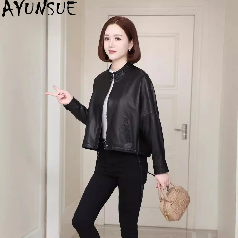 AYUNSUE 정품 가죽 자켓 여성 2025 검은 양피 야채 태닝 봄 가을 옷 Bat Sleeve Jaqueta Feminina