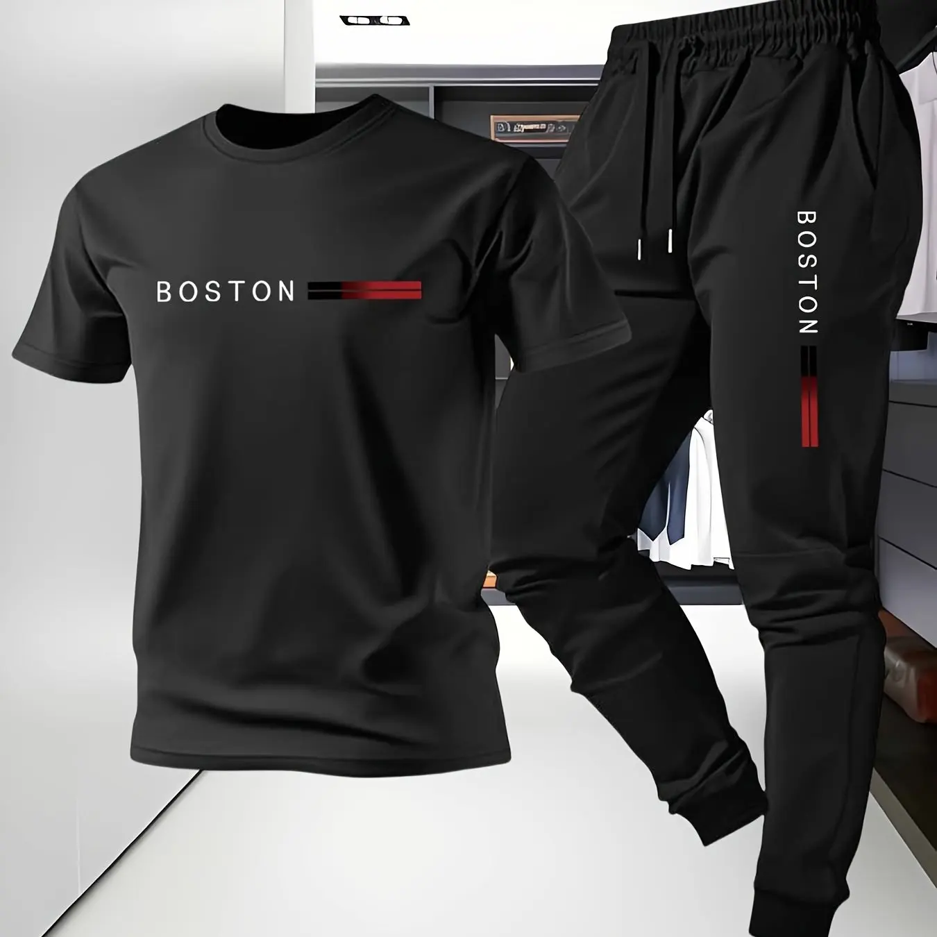

Men's 2-Piece Boston Tracksuit – Black T-Shirt & Jogger Pants Set | Premium Cotton Blend | Casual Sportswear for Urban Style