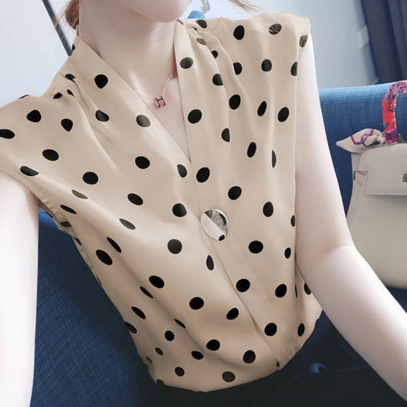 French Style Fashion Polka Dot Original Design Chiffon Sleeveless Shirt Summer New Loose Slimming Casual Elegant Women\'s Top