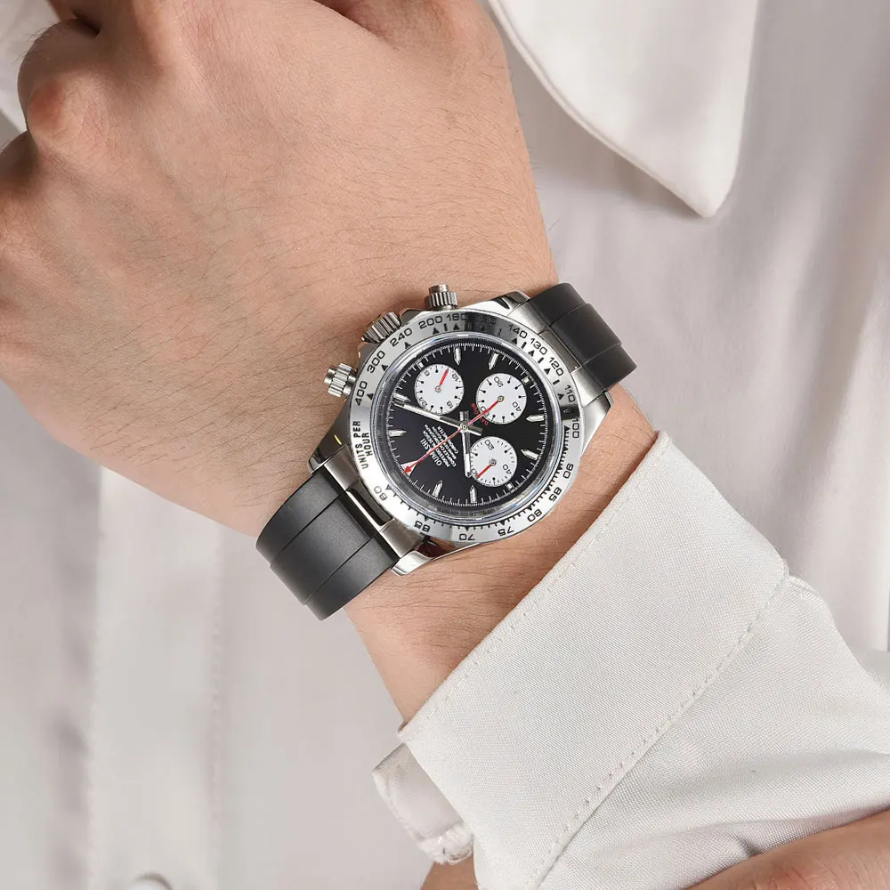 Silver custom men wristwatch VK63 movement chronograph sapphire glass stainless steel strap Business men waterproof watch 10Bar