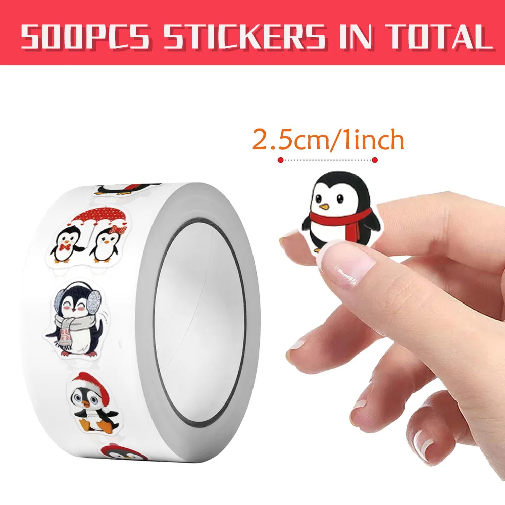 500Pcs/Roll Merry Christmas Penguins Decoration Stickers 10 Designs 2.5cm/1'' Festival DIY Doodle Scrapbooking Labels