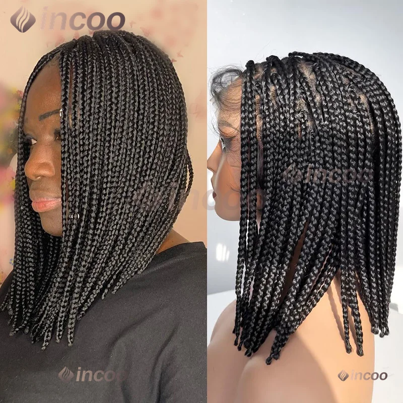 Synthetic Short Bob Box Braided Wig For Black Women Goddess Locs Twist Braided Wigs 360 Full Lace Wig Curly Box Knotless Wigs