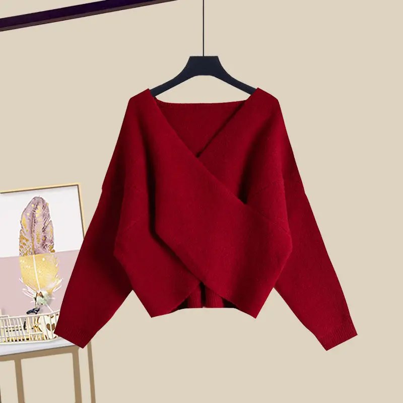 Spring and Autumn Season Set Women\'s 2024 New Korean Red Sweater Temperament Dress Two Piece Set