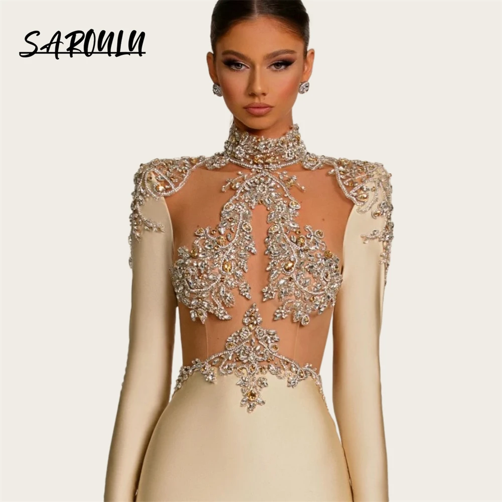 Elegant Champagne Sheath Long Evening Dress Full Sleeves Illusion Beaded Crystal Custom Made Prom Gown Women Party Formal Dress