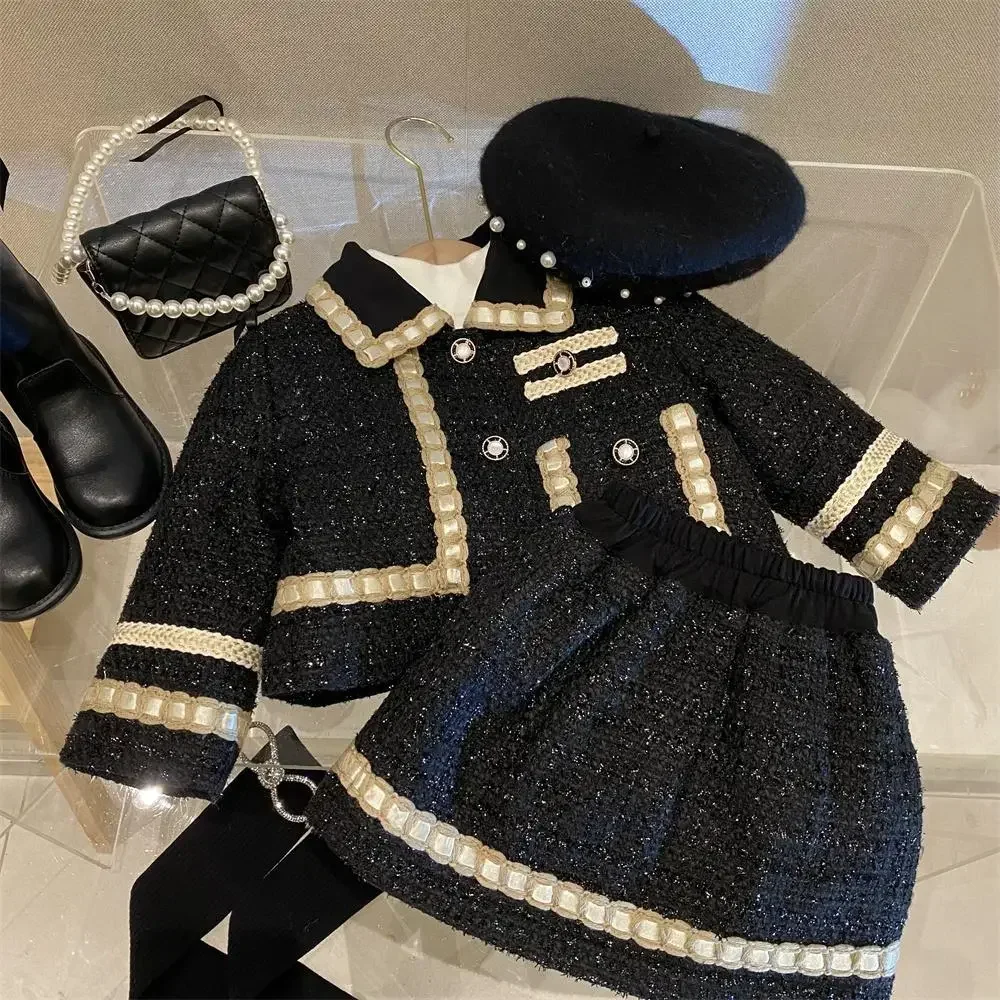 New Girl 2 Piece Tweed Set Winter Suit Clothes for 1-10Years Children\'s Cotton Padded Jacket Coat+Skirt Kids Classic Outfits