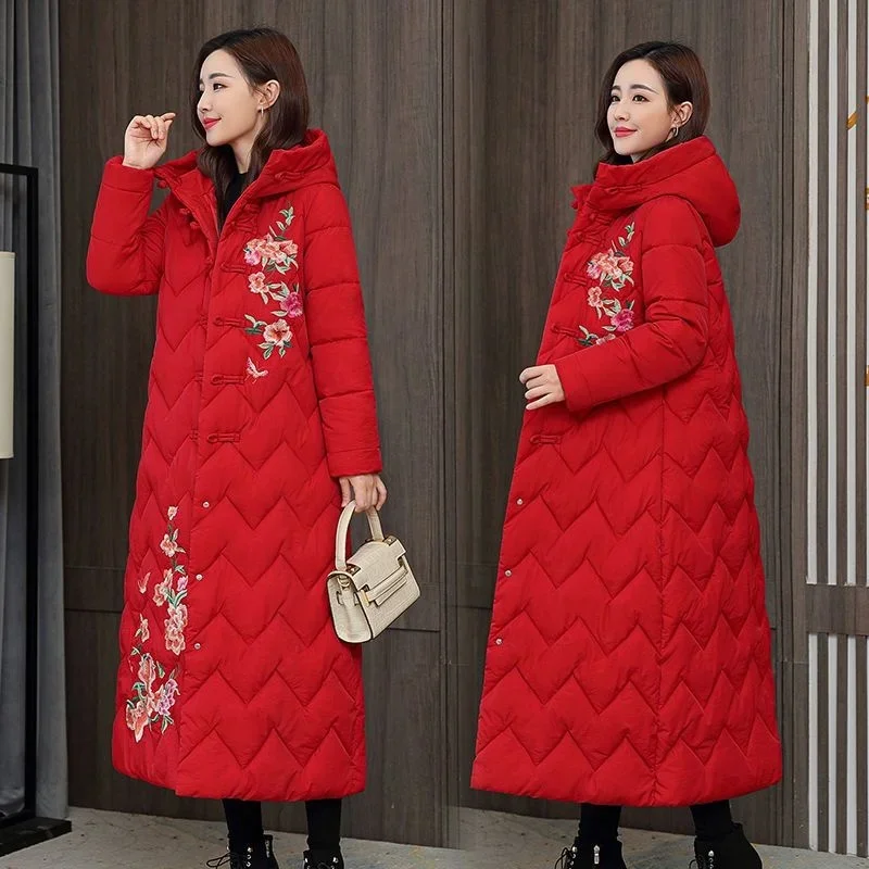 Hiver vers le bas coton rembourré femmes Style National chinois brodé longue vêtements d'extérieur épaissi chaud à capuche Parka manteau femme