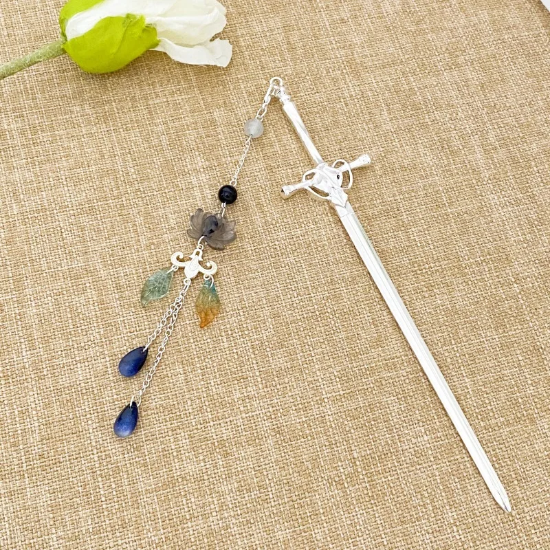 جديد النمط الصيني القديم السيف شرابة دبوس الشعر مع الراقية FeelHanfu أغطية الرأس الحصان الوجه تنورة تشيباو دبوس الشعر ملفوف دبوس الشعر