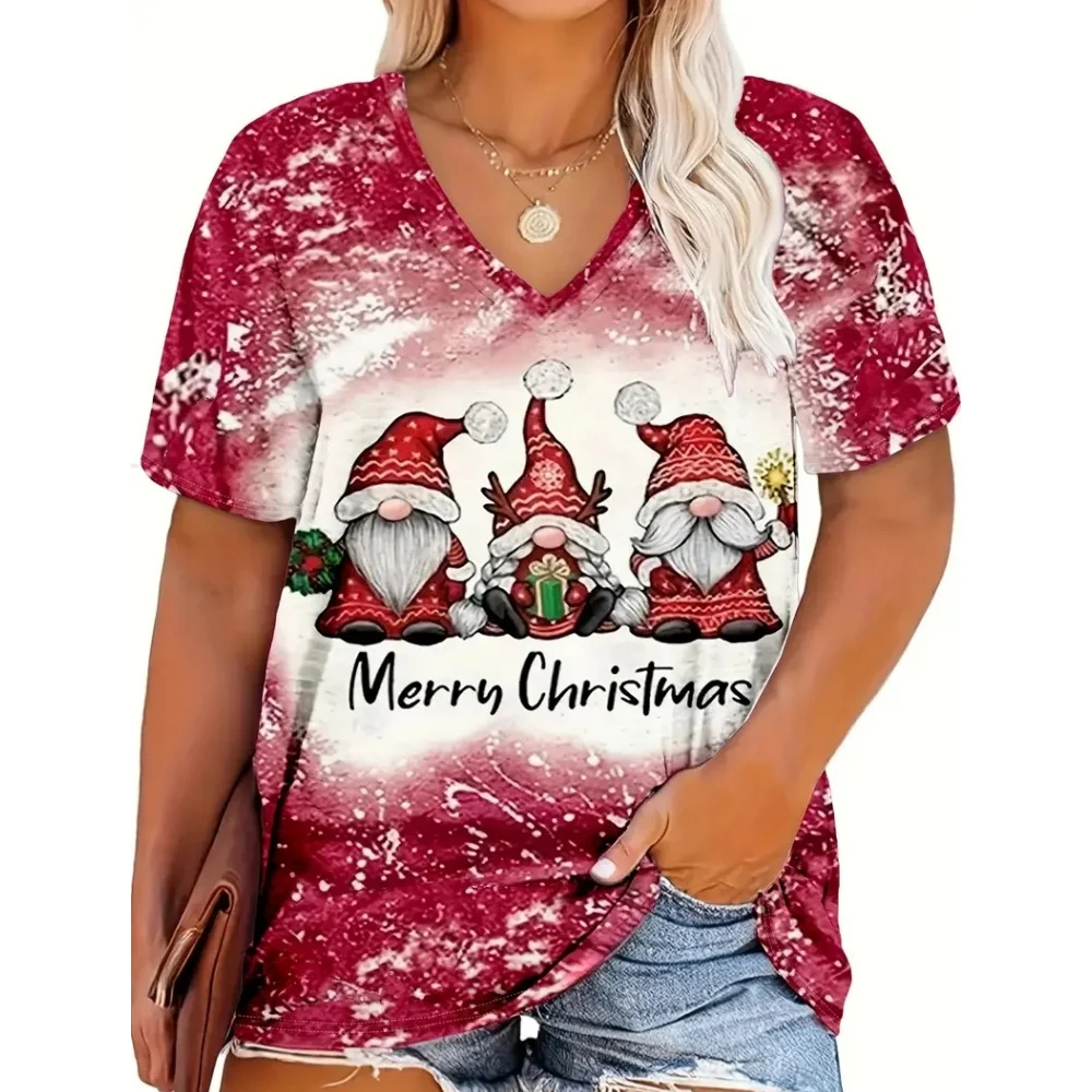 Fashion Red Christmas Day Women\'s Clothing Summer V-Neck Loose Short Sleeved Father Christmas T-Shirt Trend Hot Selling Styles