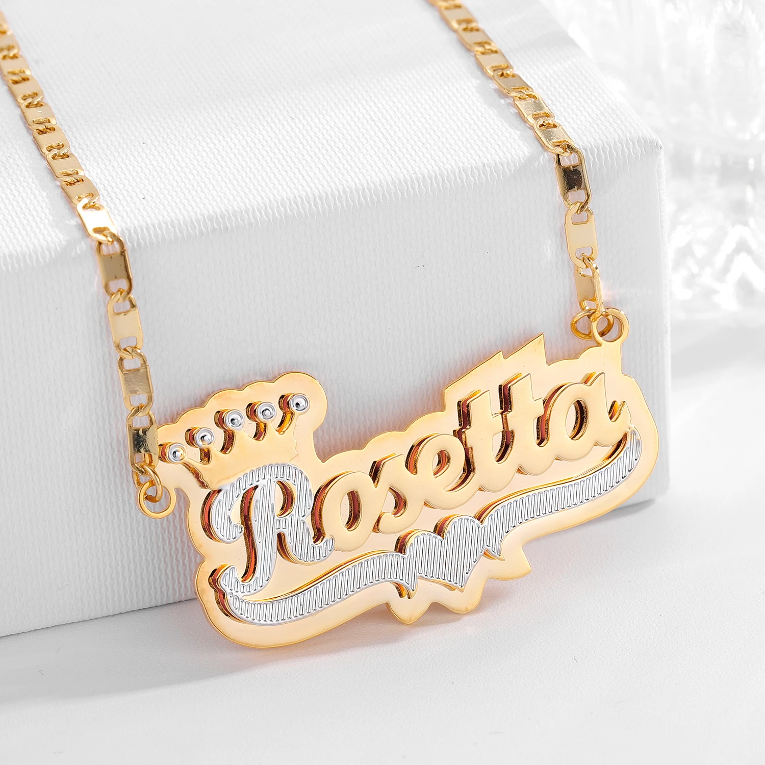 

Crown Custom Letter Name Necklace Personalized Two Tone Double Layer Name Necklaces Gold Plated Stainless Steel Pendant Wome