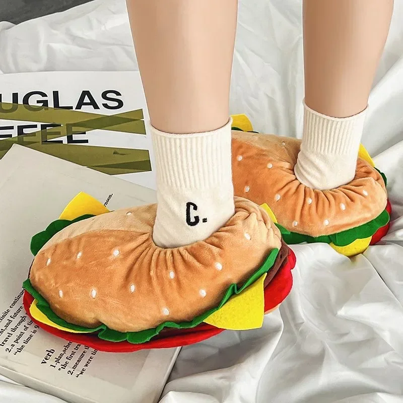 Funny Cotton Slippers Women Cute Cartoon Hamburger Shoes One Size Sneakers Female Indoor Home Slippers Warm Winter Slides Unisex