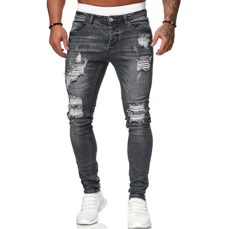 Men\'s slim jeans casual ripped micro-elastic skinny feet jeans men\'s hip hop style paint cover tear personality pants men