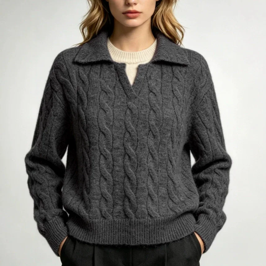 2026 New Autumn Winter Women Lazy Style V Neck Knit Sweater Solid Color Relaxed Fit Pullover Lapel Knit Loose Ladies Knitwear