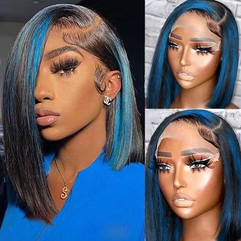 

1B/Blue Colored Human Hair Wig 150% Density 10Inch 13x4 Transparent Lace Front Human Hair Wig Remy Wigs Short Bob Wigs For Women