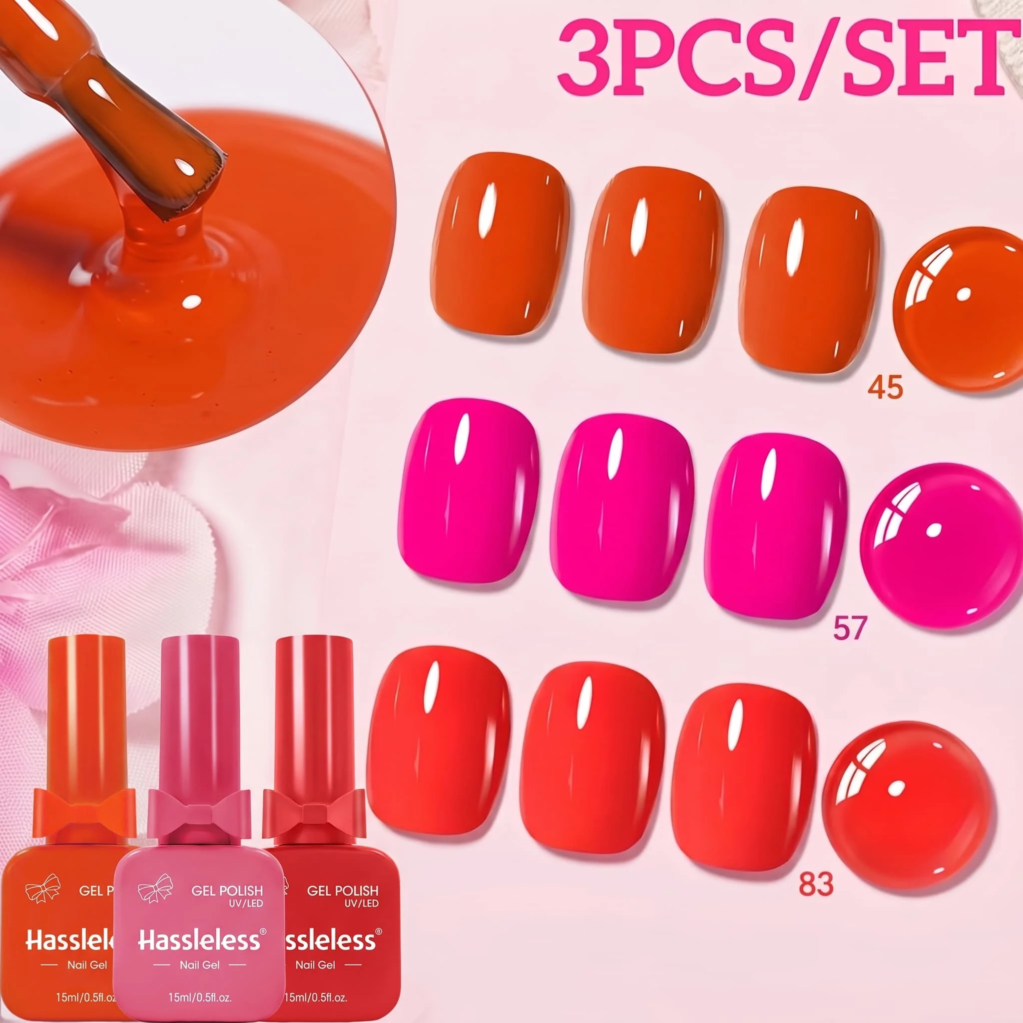 Hassleless 3-Piece Set of High-Saturation Bright Solid Color Nail Polish Gel, Warm Orange, Fluorescent Rose Red, Bright Red Nail Polish Gel, Mirror-Like Shine, Long-Lasting and Removable, for Home Salon DIY Nail Art