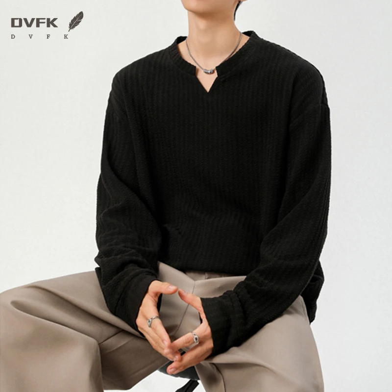 Men Casual Notch V Neck Long Sleeve Top Vertical Waffle Texture Loose Fit Daily Wear Shirt