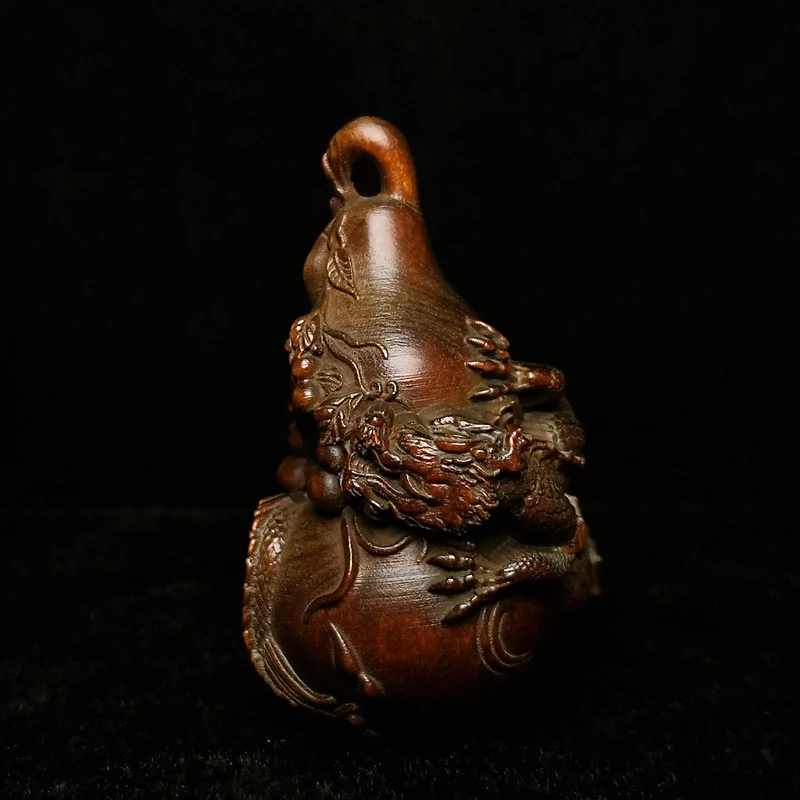 

1919 Antique art Size 3 Inch Old Chinese boxwood Wood Hand carved dragon loong Lagenaria gourd family Fengshui pendan decoration