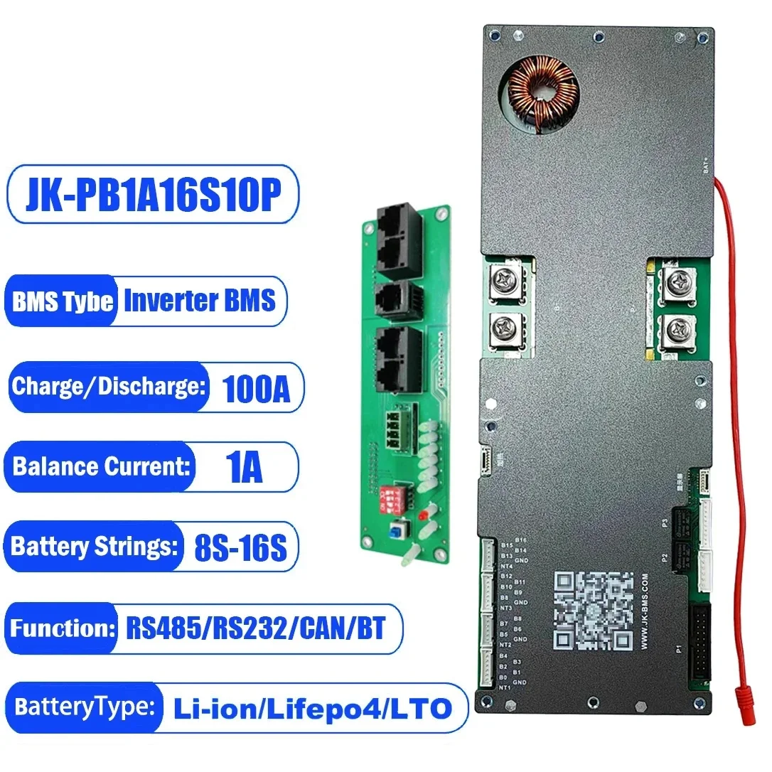 Lifepo4 JK-PB1A16S10P 2A Active Balanced Lithium Ion 8S 16S 100A 150A 200A 24v CAN RS485 RS232 BT 16S 48v Lifepo4 BMS